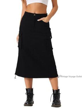 Cargo Midi Denim Skirt High Waisted A-Line Drawstring Utility Jean Skirt